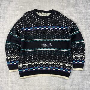 Cappello Sweater Mens 52 Black Knit Wool Vtg 90s Geometric Dog Sled Embroidered